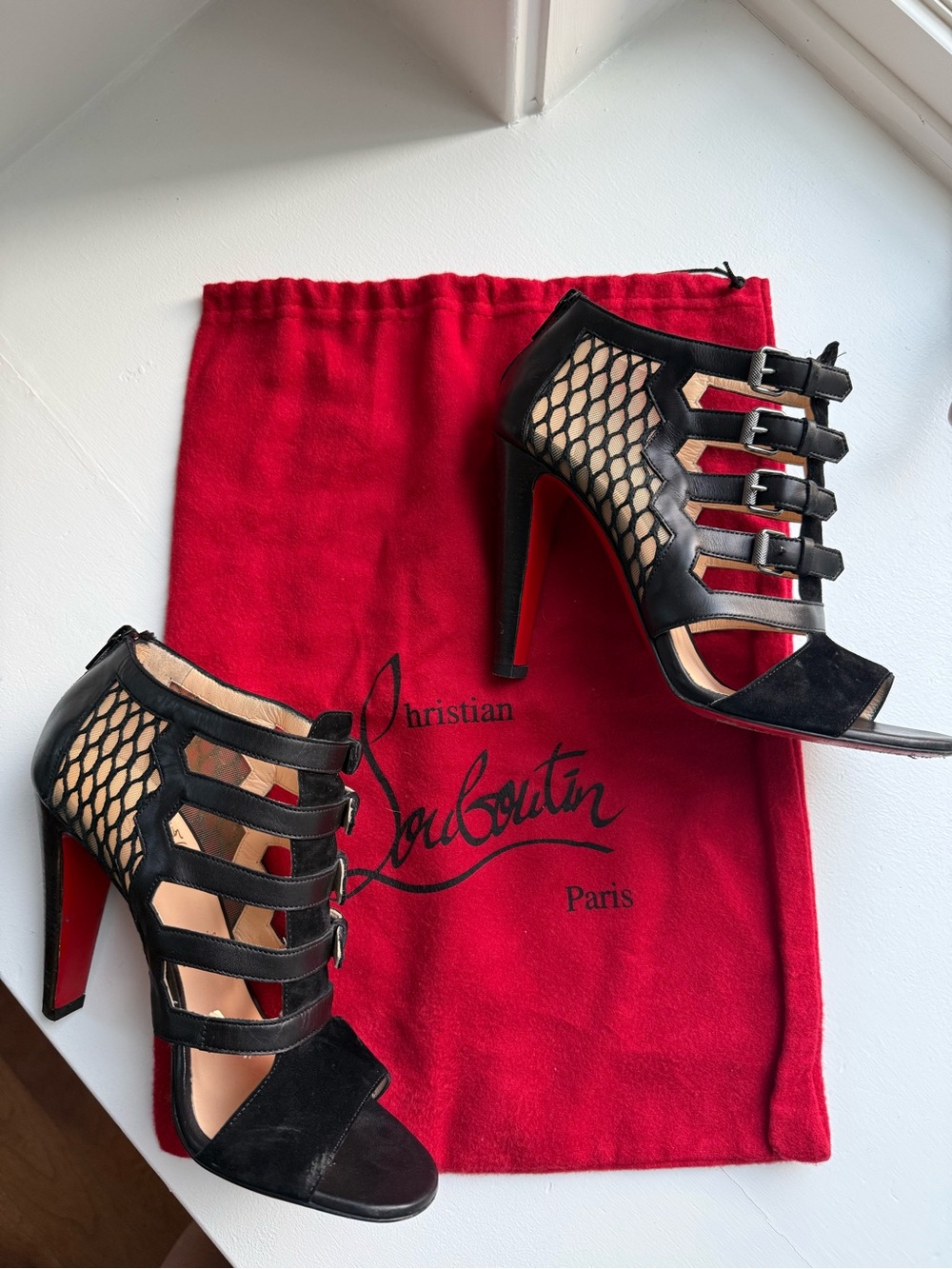 Christian Louboutin Black Mesh Multi-Strap Peep-Toe Heels